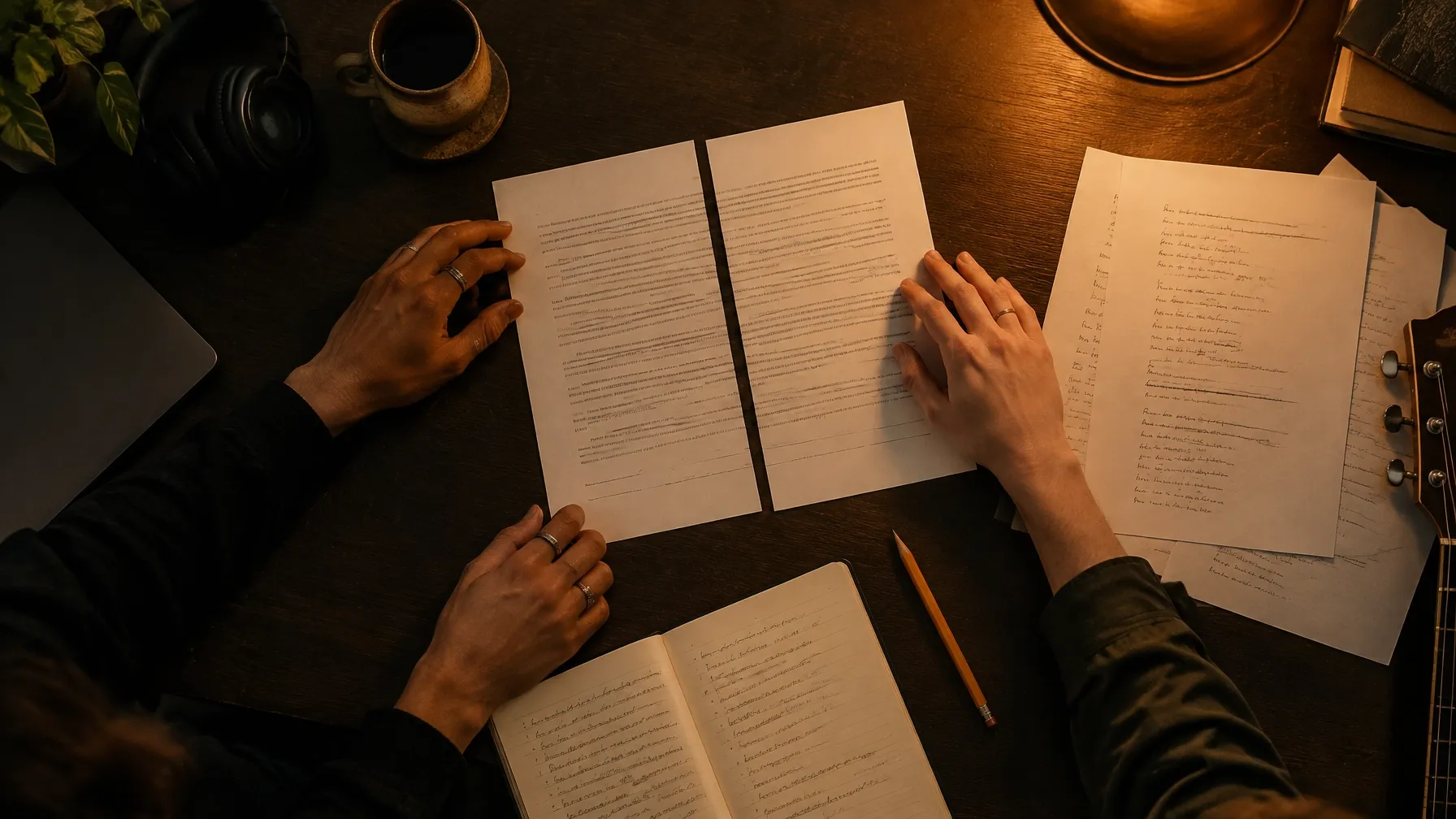 Hands working over a split sheet and notebook
