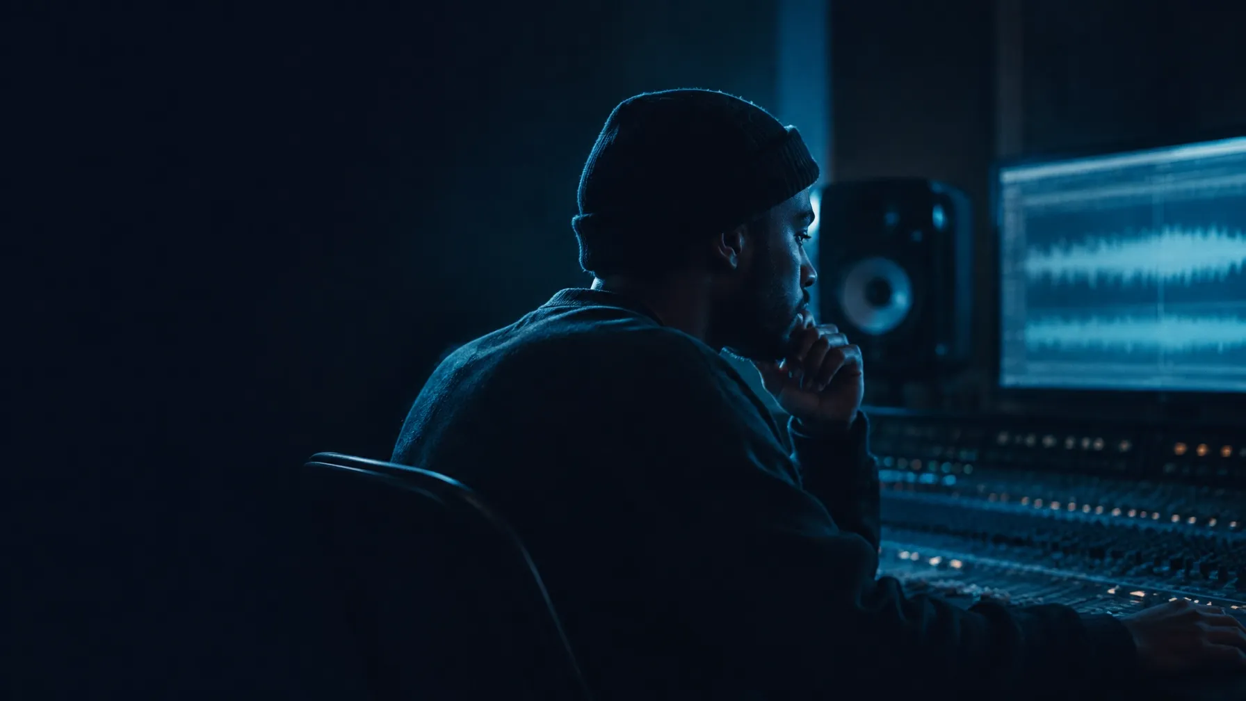 Music producer working at a mixing console in a dimly lit studio