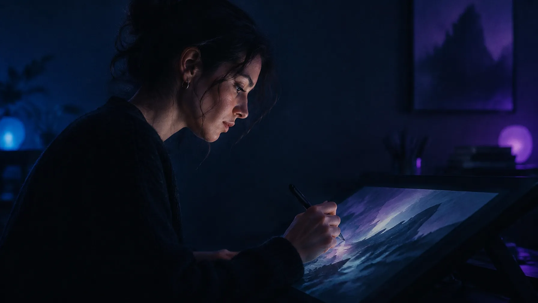 Visual artist working on a tablet in a dark studio